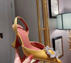 European and American 2021 Summer New Pointed High Heel Women's Shoes SUNFLOWER Drill Buckle Closed Toe Wine Cup Heel Sandals