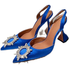 European and American 2021 Summer New Pointed High Heel Women's Shoes SUNFLOWER Drill Buckle Closed Toe Wine Cup Heel Sandals