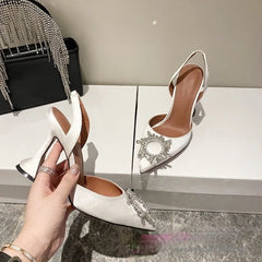 European and American 2021 Summer New Pointed High Heel Women's Shoes SUNFLOWER Drill Buckle Closed Toe Wine Cup Heel Sandals