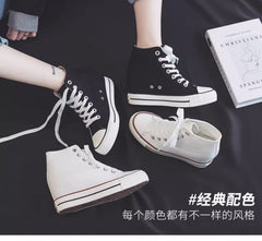 8cm High Heels Shoes Casual Canvas Shoes Platform Wedges High Top Ladies Hidden Wedge Heels Elevator Shoes