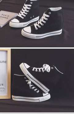8cm High Heels Shoes Casual Canvas Shoes Platform Wedges High Top Ladies Hidden Wedge Heels Elevator Shoes