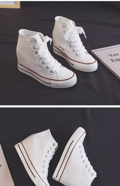 8cm High Heels Shoes Casual Canvas Shoes Platform Wedges High Top Ladies Hidden Wedge Heels Elevator Shoes