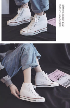 8cm High Heels Shoes Casual Canvas Shoes Platform Wedges High Top Ladies Hidden Wedge Heels Elevator Shoes