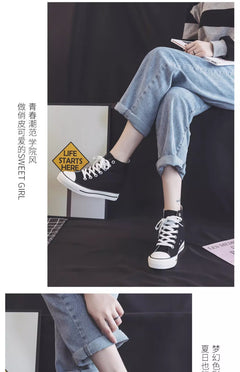 8cm High Heels Shoes Casual Canvas Shoes Platform Wedges High Top Ladies Hidden Wedge Heels Elevator Shoes