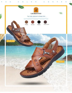 LAORENTOU leather male sandals casual beach shoes wear non-slip sandals and sliers cowhide