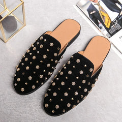 FashioNew Men Half Slippers Charm Punk rivet Loafers Casual Patent Leather Mules Moccasins Breathable Silver Black Driving Shoes
