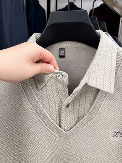 Mens Sweater Polo Collar Label Patchwork Stripes Plush Wool Liner Knitted Thickened Sweater Brand Luxury Print Thermo Menswear