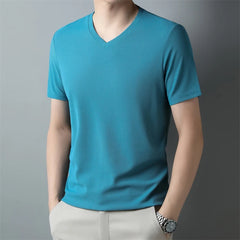 2024 Men's Waffle V Neck Short Sleeve T-Shirt Summer Comfortable Breathable Fashion Top in Solid Colors