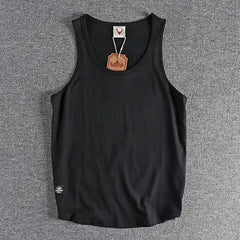 Summer New American Sleeveless O-neck Solid Color T-shirt Men's Fashion 100% Cotton Washed Casual Sports Fitness Basketball Vest
