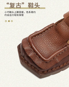 Johnature 2026 Spring New Square Toe Thick Soled Comfortable Commuter Women's Shoes Retro Genuine Leather Flats
