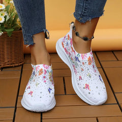 Flower Print Knitted Sneakers Women Shiny Crystal Breathable Walking Shoes Woman Plus Size Casual Non-Slip Sock Shoes Ladies