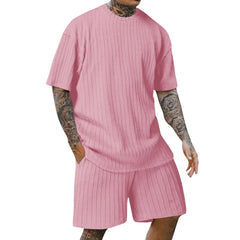 Men's new fashion summer sports solid color crew-neck vertical stripe T-shirt shorts short-sleeved suit Loose two-piece set