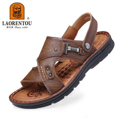 LAORENTOU leather male sandals casual beach shoes wear non-slip sandals and sliers cowhide