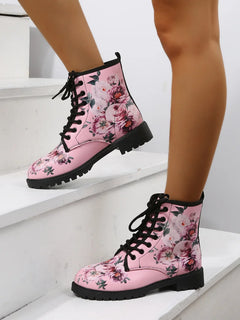 Comemore Spring 2025 Boots Leather Toe Lace-up Mid-tube Flat Pink Leather Boots Fashion Women's Low Heel Boot Shoes Plus Size 46