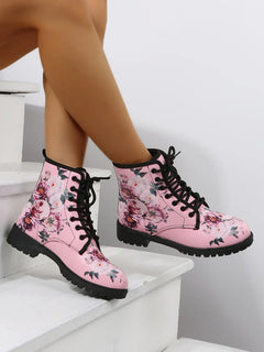 Comemore Spring 2025 Boots Leather Toe Lace-up Mid-tube Flat Pink Leather Boots Fashion Women's Low Heel Boot Shoes Plus Size 46