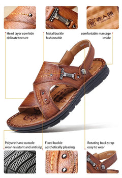 LAORENTOU leather male sandals casual beach shoes wear non-slip sandals and sliers cowhide