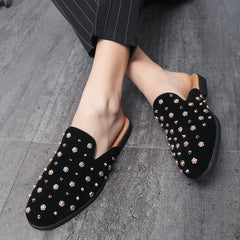 FashioNew Men Half Slippers Charm Punk rivet Loafers Casual Patent Leather Mules Moccasins Breathable Silver Black Driving Shoes