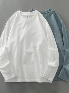 DUKEEN Men's 260G Long Sleeve T Shirts 2025 Spring Pure Cotton Solid Color Basic Crew-Neck Undershirt Men's Loose Tops 11 Color