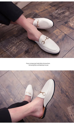 New Casual Men's Shoes Large Size 45 Fashionable British Style Slip-On Lazy Half Slippers Breathable PU Leather Comfortable
