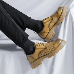 Men Korea Leather Platform Oxfords Slip On Thick Tottom For Male Derby Shoes Casual Loafers Mens Square Toe Formal Dress Shoes
