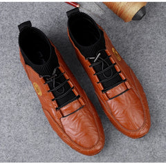 CLOHOO Men's Wear-resistant Boots Casual Classic Genuine Leather Handmade Shoes Ankle Round Toe Lace Up Walking Business Boot