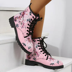 Comemore Spring 2025 Boots Leather Toe Lace-up Mid-tube Flat Pink Leather Boots Fashion Women's Low Heel Boot Shoes Plus Size 46
