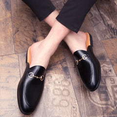 New Casual Men's Shoes Large Size 45 Fashionable British Style Slip-On Lazy Half Slippers Breathable PU Leather Comfortable