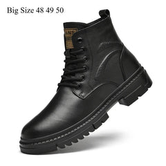 Men's Black Leather Boots Side Zipper Lace-Up Ankle Boots Non-Slip Platform Combat Boots for Casual Work Outdoor Big Size 49 50
