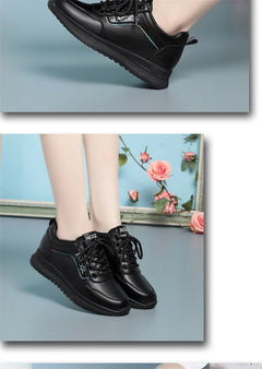 Women Versatile Non-slip Spring Autumn Soft Sole Soft Leather Shoes Fashion Breathable Lace-Up Solid Casual Flat Sneakers