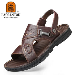 LAORENTOU leather male sandals casual beach shoes wear non-slip sandals and sliers cowhide