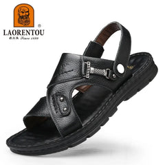 LAORENTOU leather male sandals casual beach shoes wear non-slip sandals and sliers cowhide