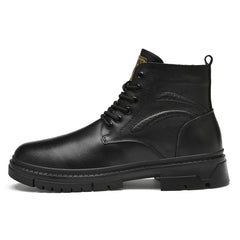 Men's Black Leather Boots Side Zipper Lace-Up Ankle Boots Non-Slip Platform Combat Boots for Casual Work Outdoor Big Size 49 50
