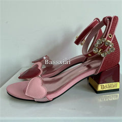 Sweet Love-heart One-Strap Sandals Women Letter Square Heel Open Toe Crystal Buckle Banquet Shoes For Girls Summer