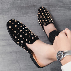 FashioNew Men Half Slippers Charm Punk rivet Loafers Casual Patent Leather Mules Moccasins Breathable Silver Black Driving Shoes