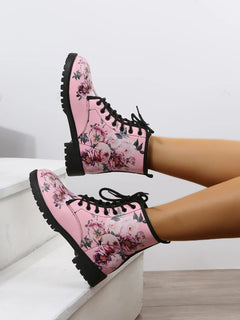 Comemore Spring 2025 Boots Leather Toe Lace-up Mid-tube Flat Pink Leather Boots Fashion Women's Low Heel Boot Shoes Plus Size 46