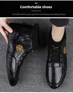 CLOHOO Men's Wear-resistant Boots Casual Classic Genuine Leather Handmade Shoes Ankle Round Toe Lace Up Walking Business Boot