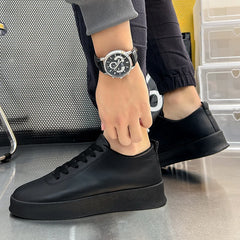 Fashion Thick Sole Black White Soft Men Leather Shoes Platform Men Casual Board Shoes Walking Sport Shoes Lightweight Work Shoes