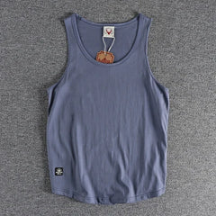 Summer New American Sleeveless O-neck Solid Color T-shirt Men's Fashion 100% Cotton Washed Casual Sports Fitness Basketball Vest
