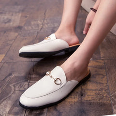 New Casual Men's Shoes Large Size 45 Fashionable British Style Slip-On Lazy Half Slippers Breathable PU Leather Comfortable