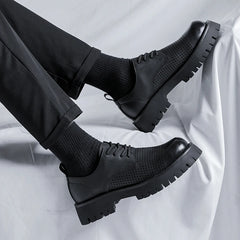 Men Korea Leather Platform Oxfords Slip On Thick Tottom For Male Derby Shoes Casual Loafers Mens Square Toe Formal Dress Shoes