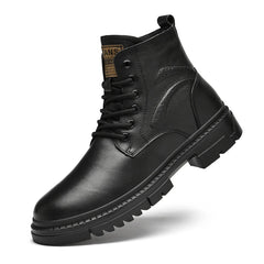 Men's Black Leather Boots Side Zipper Lace-Up Ankle Boots Non-Slip Platform Combat Boots for Casual Work Outdoor Big Size 49 50