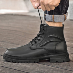 Men's Black Leather Boots Side Zipper Lace-Up Ankle Boots Non-Slip Platform Combat Boots for Casual Work Outdoor Big Size 49 50