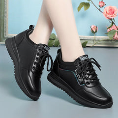 Women Versatile Non-slip Spring Autumn Soft Sole Soft Leather Shoes Fashion Breathable Lace-Up Solid Casual Flat Sneakers