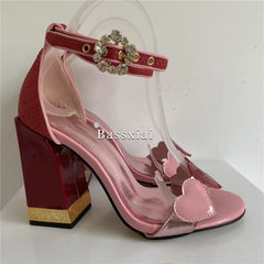Sweet Love-heart One-Strap Sandals Women Letter Square Heel Open Toe Crystal Buckle Banquet Shoes For Girls Summer