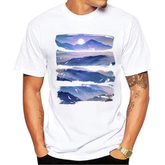 TEEHUB Mountain Sunset Brushstrokes Men T-Shirt African Safari Sunset T Shirts Short Sleeve Tshirts Geometric Harajuku Tee