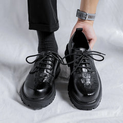 Men Korea Leather Platform Oxfords Slip On Thick Tottom For Male Derby Shoes Casual Loafers Mens Square Toe Formal Dress Shoes