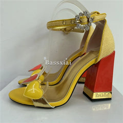 Sweet Love-heart One-Strap Sandals Women Letter Square Heel Open Toe Crystal Buckle Banquet Shoes For Girls Summer