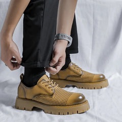 Men Korea Leather Platform Oxfords Slip On Thick Tottom For Male Derby Shoes Casual Loafers Mens Square Toe Formal Dress Shoes