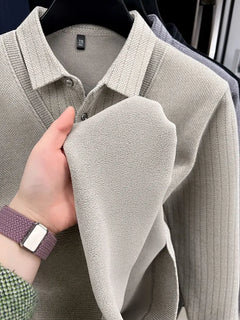 Mens Sweater Polo Collar Label Patchwork Stripes Plush Wool Liner Knitted Thickened Sweater Brand Luxury Print Thermo Menswear