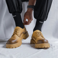 Men Korea Leather Platform Oxfords Slip On Thick Tottom For Male Derby Shoes Casual Loafers Mens Square Toe Formal Dress Shoes
